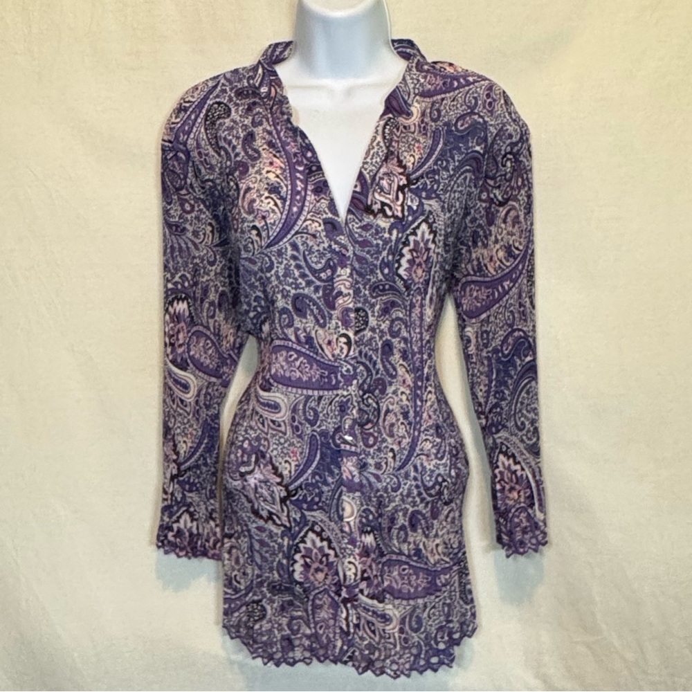G-119 Belissimo Purple & White Paisley 1/2 Sleeve Button Down‎ Blouse Size L